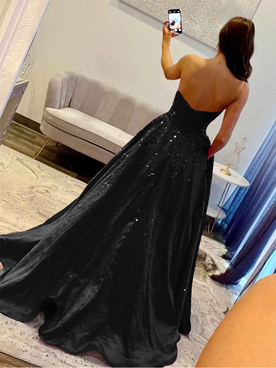 Sparkly Beaded Strapless Long Corset Prom Dress with Bow