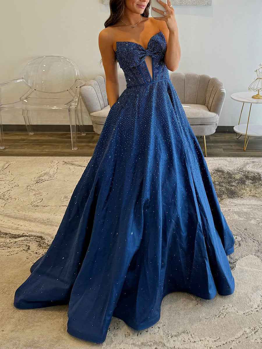 Sparkly Beaded Strapless Long Corset Prom Dress with Bow