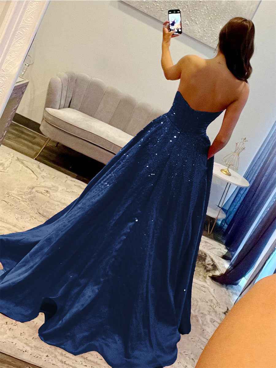 Sparkly Beaded Strapless Long Corset Prom Dress with Bow