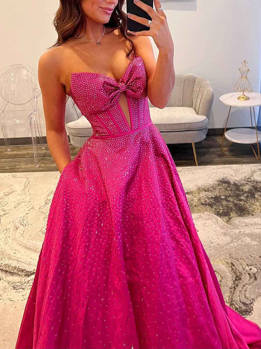 Sparkly Beaded Strapless Long Corset Prom Dress with Bow