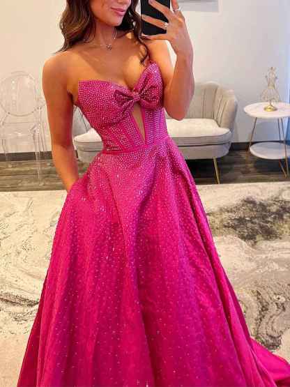 Sparkly Beaded Strapless Long Corset Prom Dress with Bow