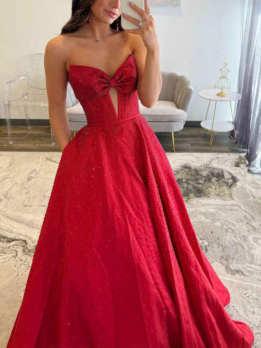 Sparkly Beaded Strapless Long Corset Prom Dress with Bow