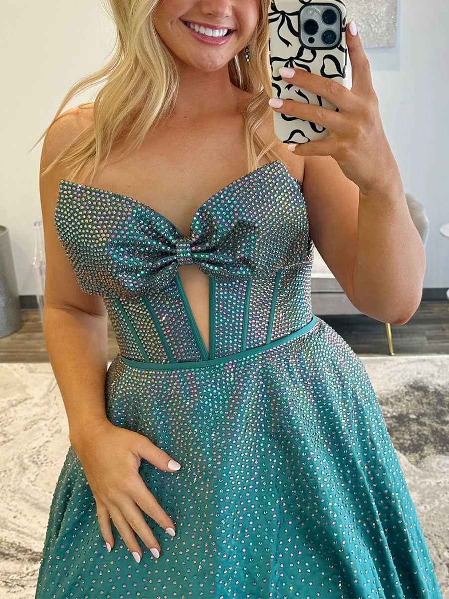 Sparkly Beaded Strapless Long Corset Prom Dress with Bow
