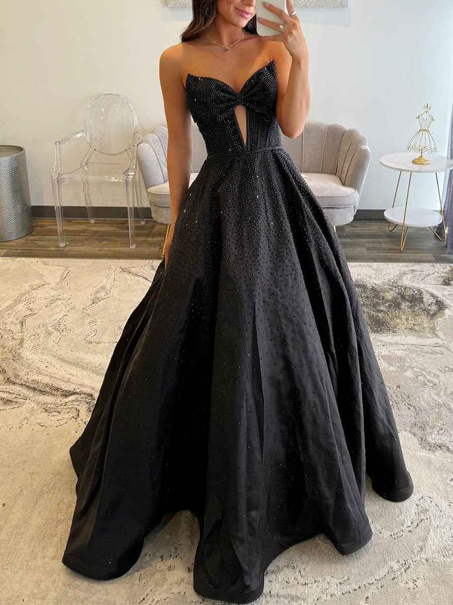 Sparkly Beaded Strapless Long Corset Prom Dress with Bow