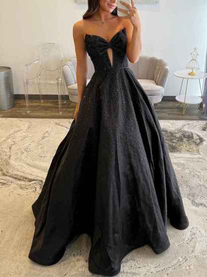 Sparkly Beaded Strapless Long Corset Prom Dress with Bow