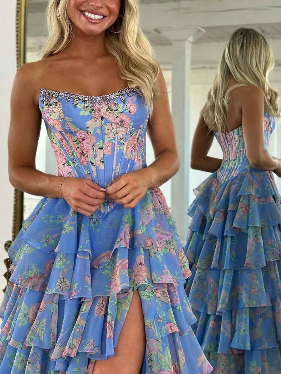 Sparkly Blue Floral Corset Ruffled Long Prom Dress with Slit