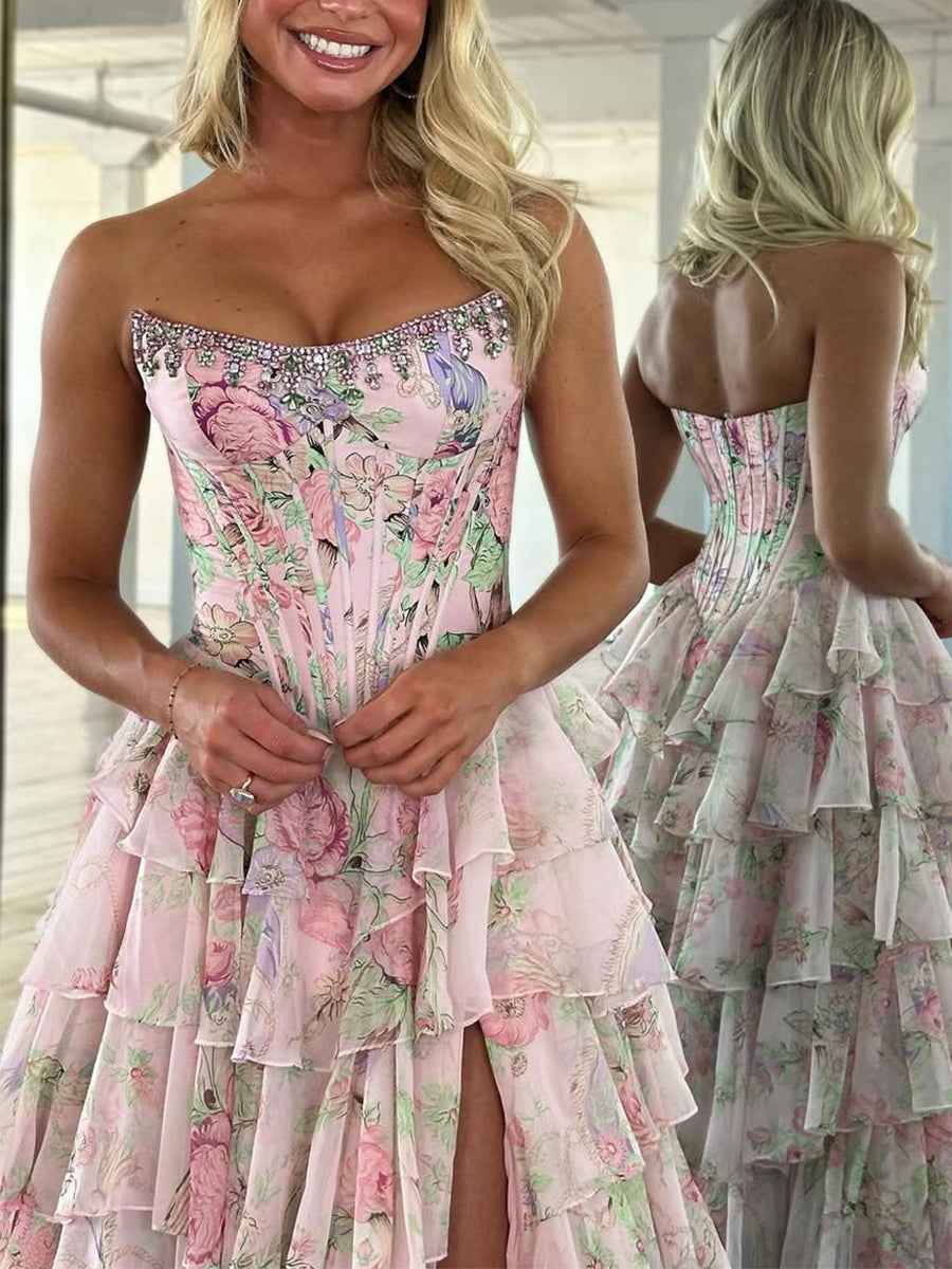 Sparkly Blue Floral Corset Ruffled Long Prom Dress with Slit