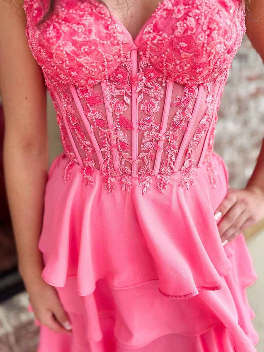 Sparkly Coral Sweetheart Ruffled Tiered Long Prom Dress with Slit