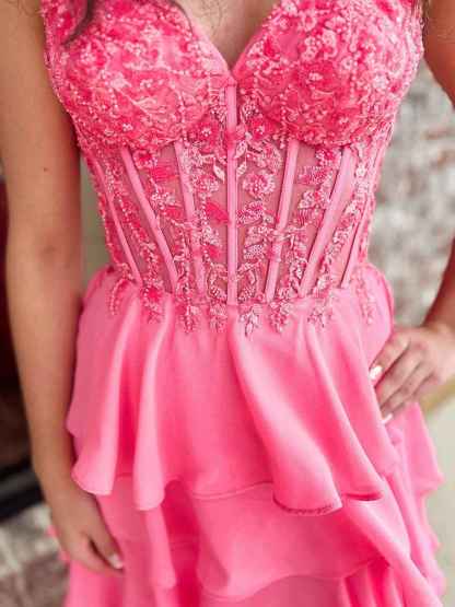Sparkly Coral Sweetheart Ruffled Tiered Long Prom Dress with Slit