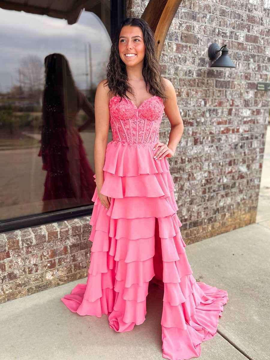 Sparkly Coral Sweetheart Ruffled Tiered Long Prom Dress with Slit