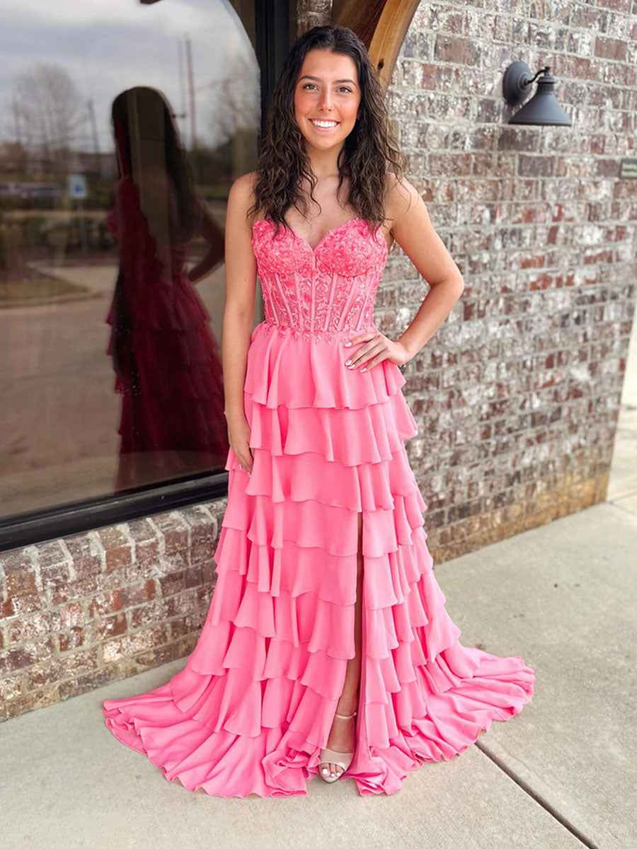 Sparkly Coral Sweetheart Ruffled Tiered Long Prom Dress with Slit