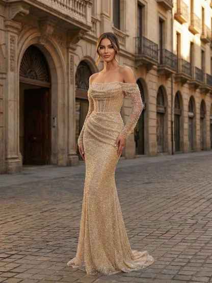 Sparkly Gold Mermaid Beaded Off-the-Shoulder Corset Prom Dress