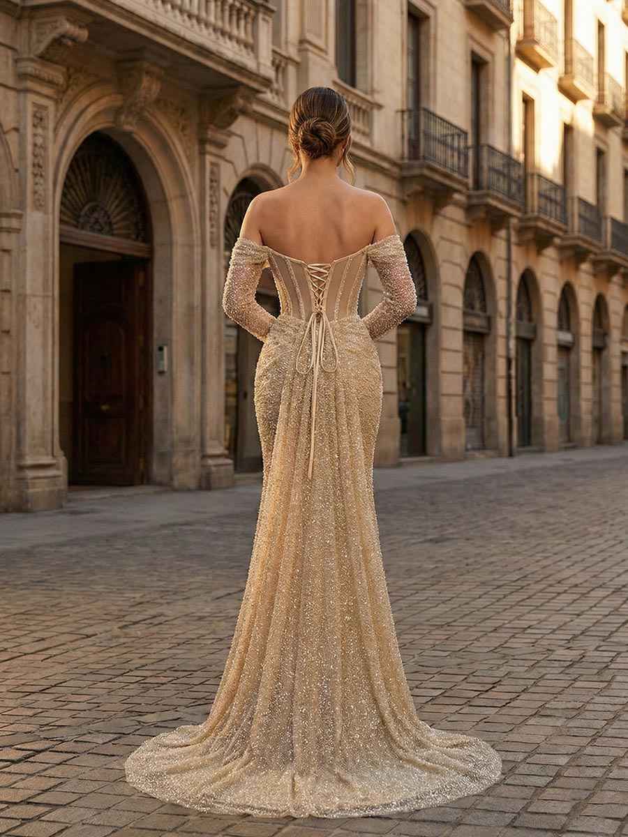 Sparkly Gold Mermaid Beaded Off-the-Shoulder Corset Prom Dress
