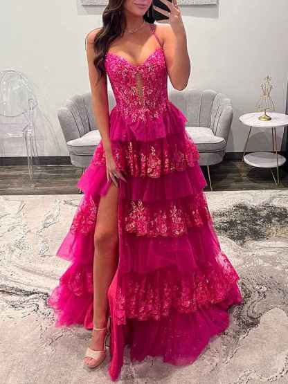 Sparkly Lace Embroidery Tiered Long Prom Dress with Slit