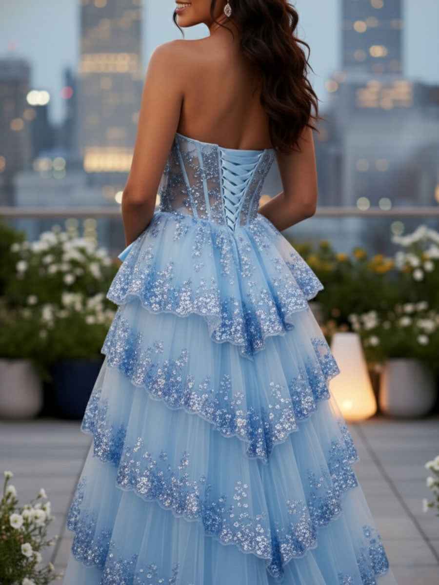 Sparkly Lace Strapless Ruffle Tiered Prom Dress with Bow