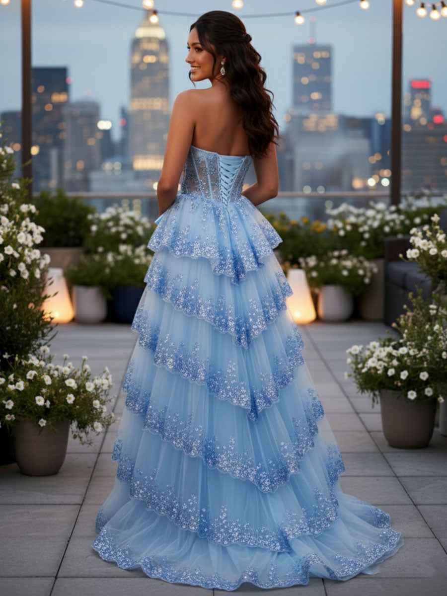 Sparkly Lace Strapless Ruffle Tiered Prom Dress with Bow