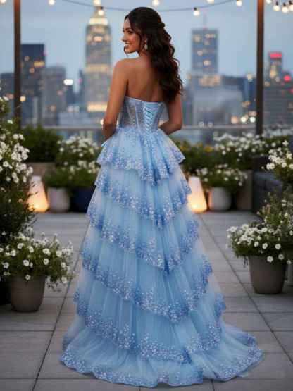 Sparkly Lace Strapless Ruffle Tiered Prom Dress with Bow