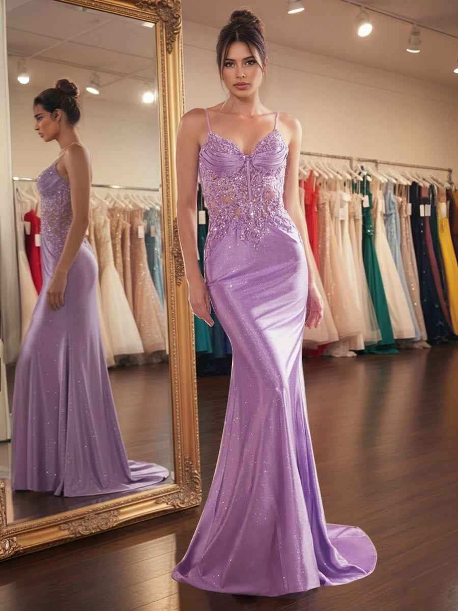 Sparkly Lavender Corset Long Prom Dress with Asymmetrical Applique|s