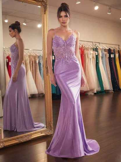 Sparkly Lavender Corset Long Prom Dress with Asymmetrical Applique|s