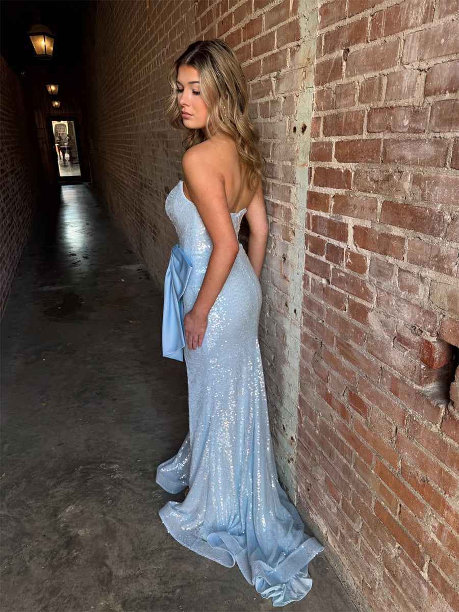 Sparkly Light Blue Sequin Strapless Long Prom Dress with Statement Bow