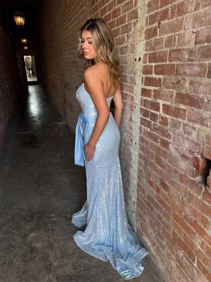 Sparkly Light Blue Sequin Strapless Long Prom Dress with Statement Bow