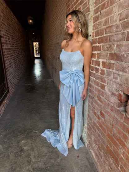 Sparkly Light Blue Sequin Strapless Long Prom Dress with Statement Bow