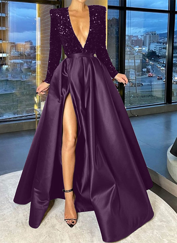 V-Neck A-Line Princess Prom Dress with Side Split and Sequins