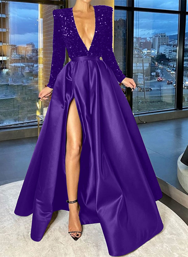 V-Neck A-Line Princess Prom Dress with Side Split and Sequins