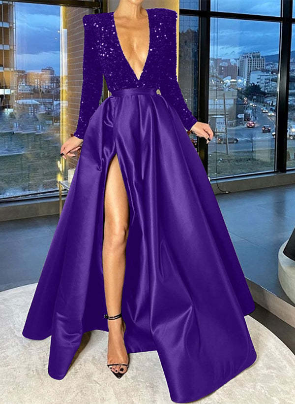 V-Neck A-Line Princess Prom Dress with Side Split and Sequins