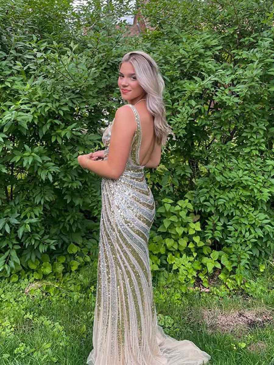 Sparkly Mermaid Deep V-Neck Sequins Prom Dress