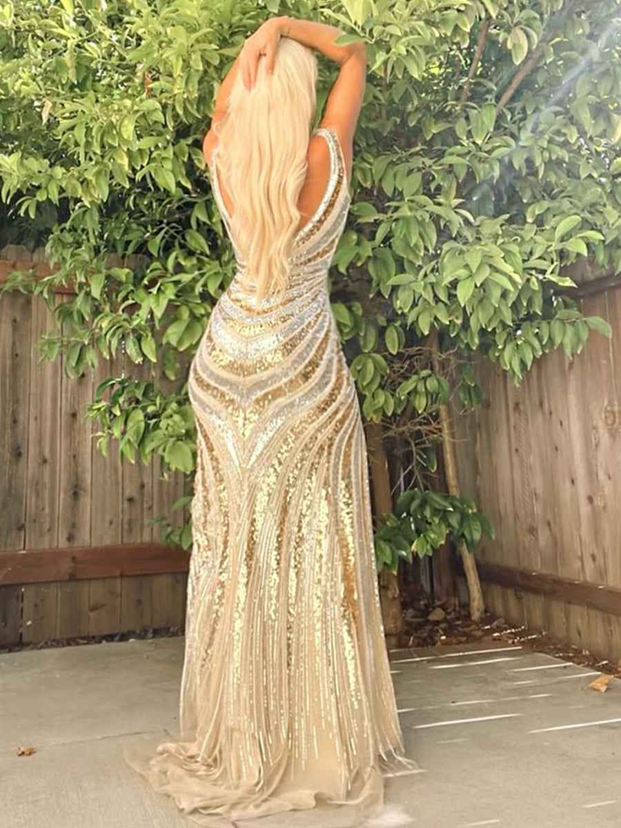 Sparkly Mermaid Deep V-Neck Sequins Long Prom Dress