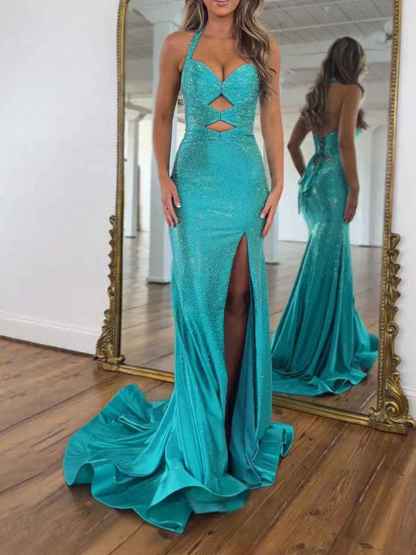 Sparkly Mermaid Keyhole Long Beaded Prom Dress with Slit