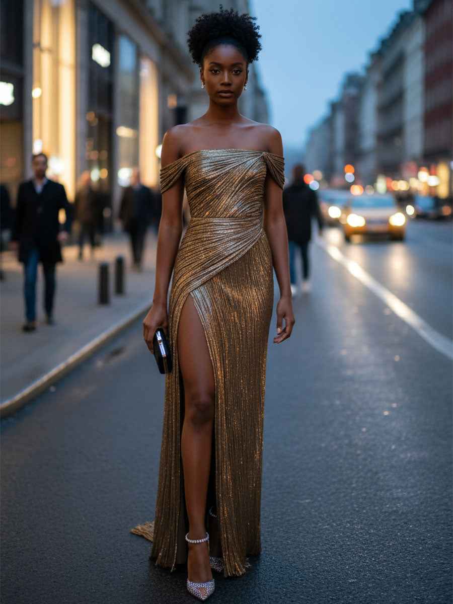 Sparkly Mermaid One Shoulder Pleated Long Prom Dress with Slit