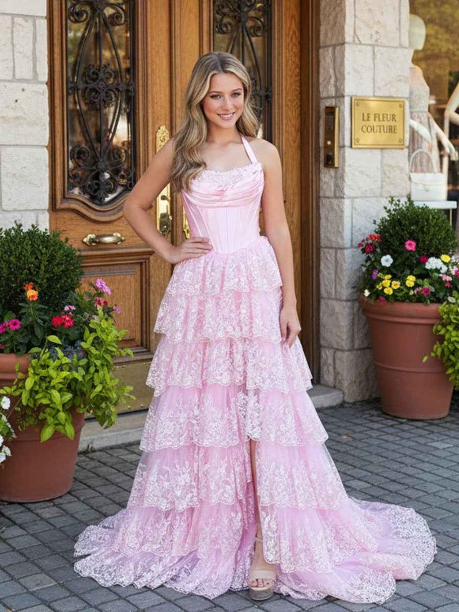 Sparkly Pink Corset Lace Tiered Ruffled Long Prom Dress with Slit