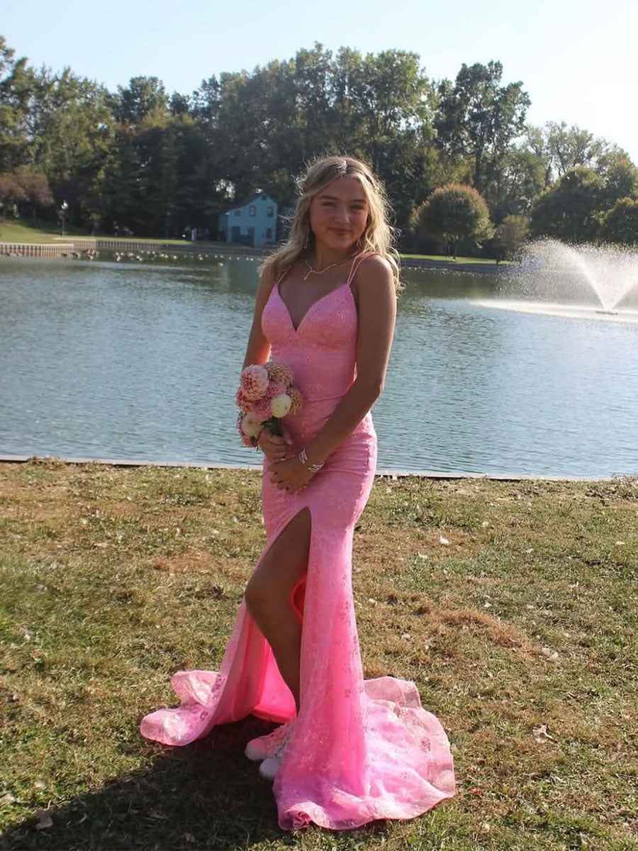 Sparkly Pink Spaghetti Strap Lace Prom Dress with Slit