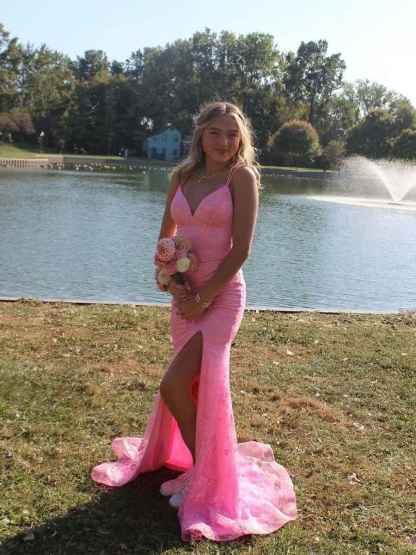 Sparkly Pink Spaghetti Strap Lace Prom Dress with Slit