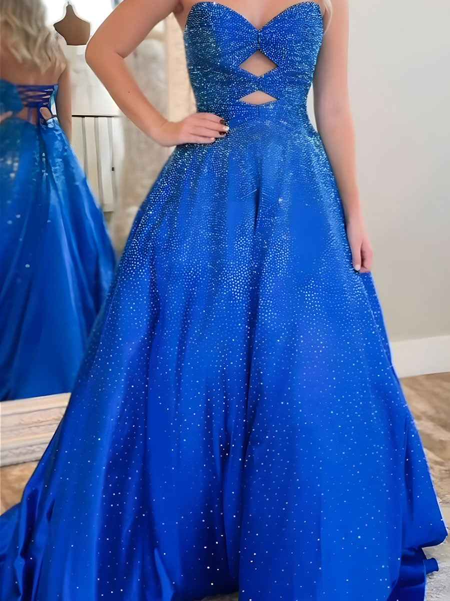 Sparkly A Line Cut Out Sweetheart Long Prom Dress with Beading