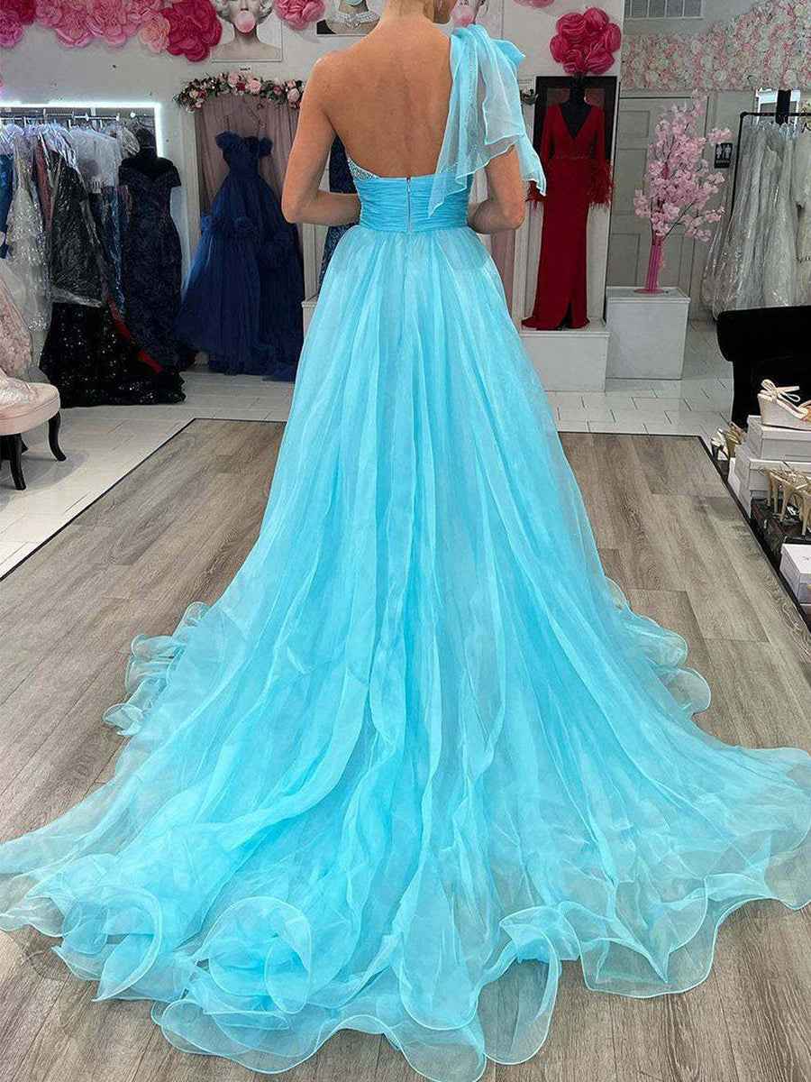 Sparkly A Line One Shoulder Long Prom Dress with Beading
