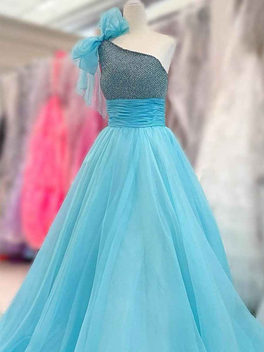 Sparkly A Line One Shoulder Long Prom Dress with Beading