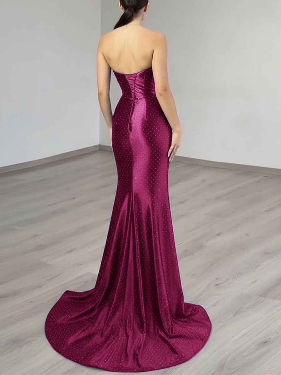 Sparkly Strapless Beaded Corset Satin Long Prom Dress