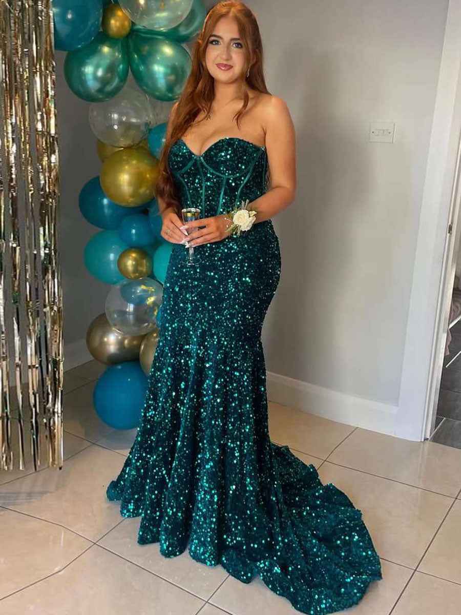 Sparkly Strapless Sweetheart Mermaid Sequined Prom Dress