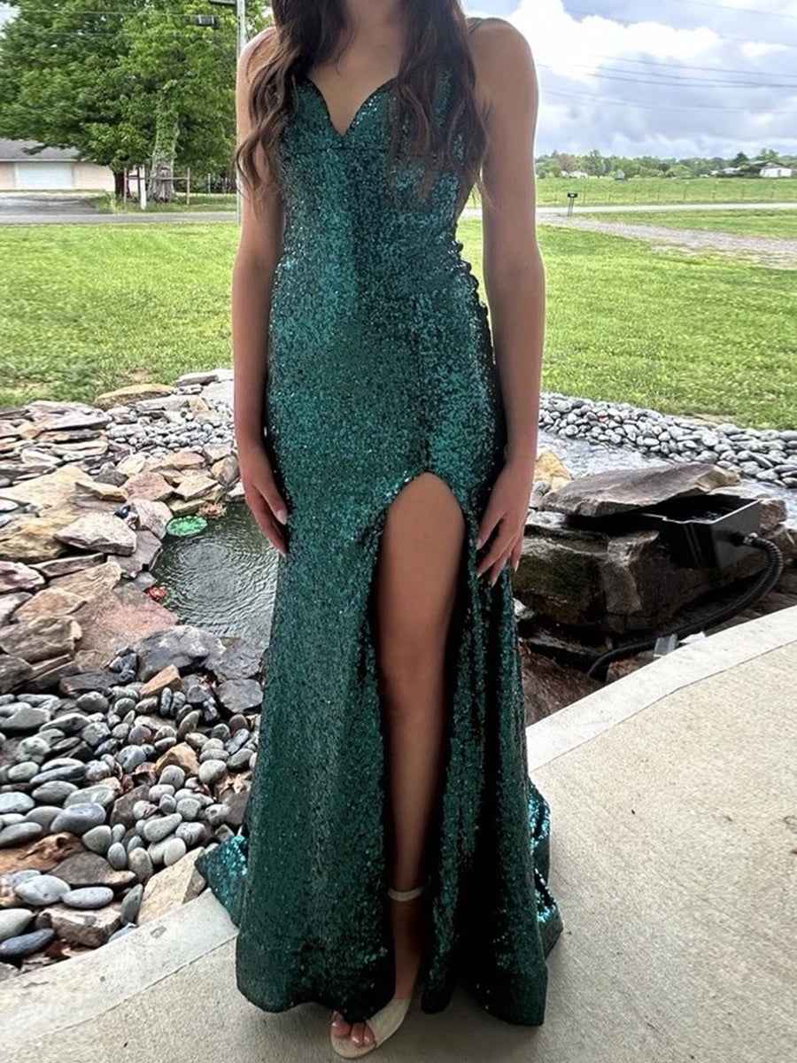 Sparkly V-Neck Sequined Mermaid Long Prom Dress with Slit