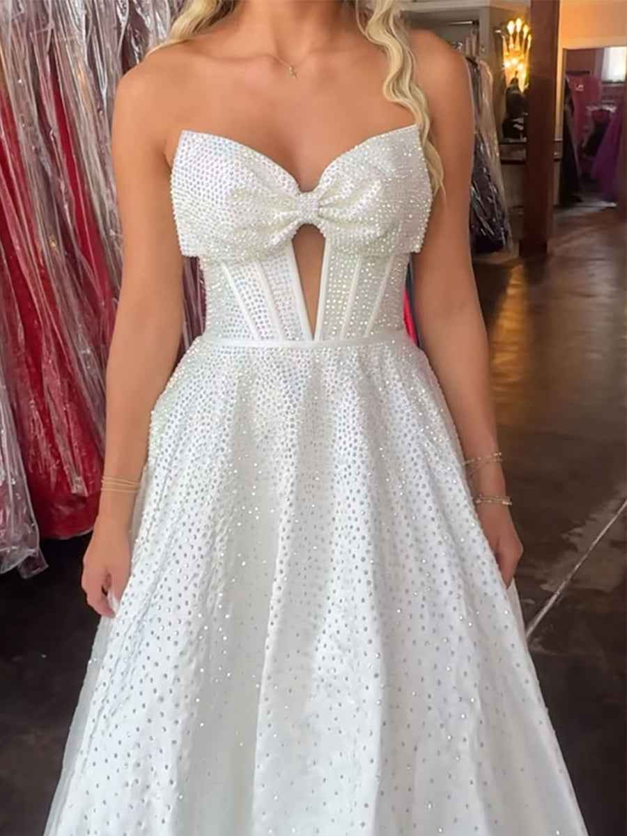 Sparkly Beaded Strapless Sweetheart Long Corset Prom Dress with Bow