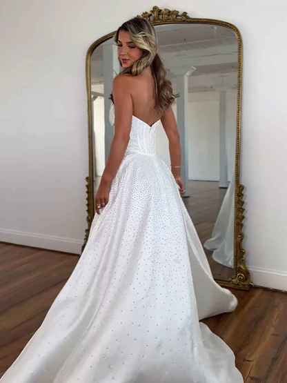 Sparkly Beaded Strapless Sweetheart Long Corset Prom Dress with Bow