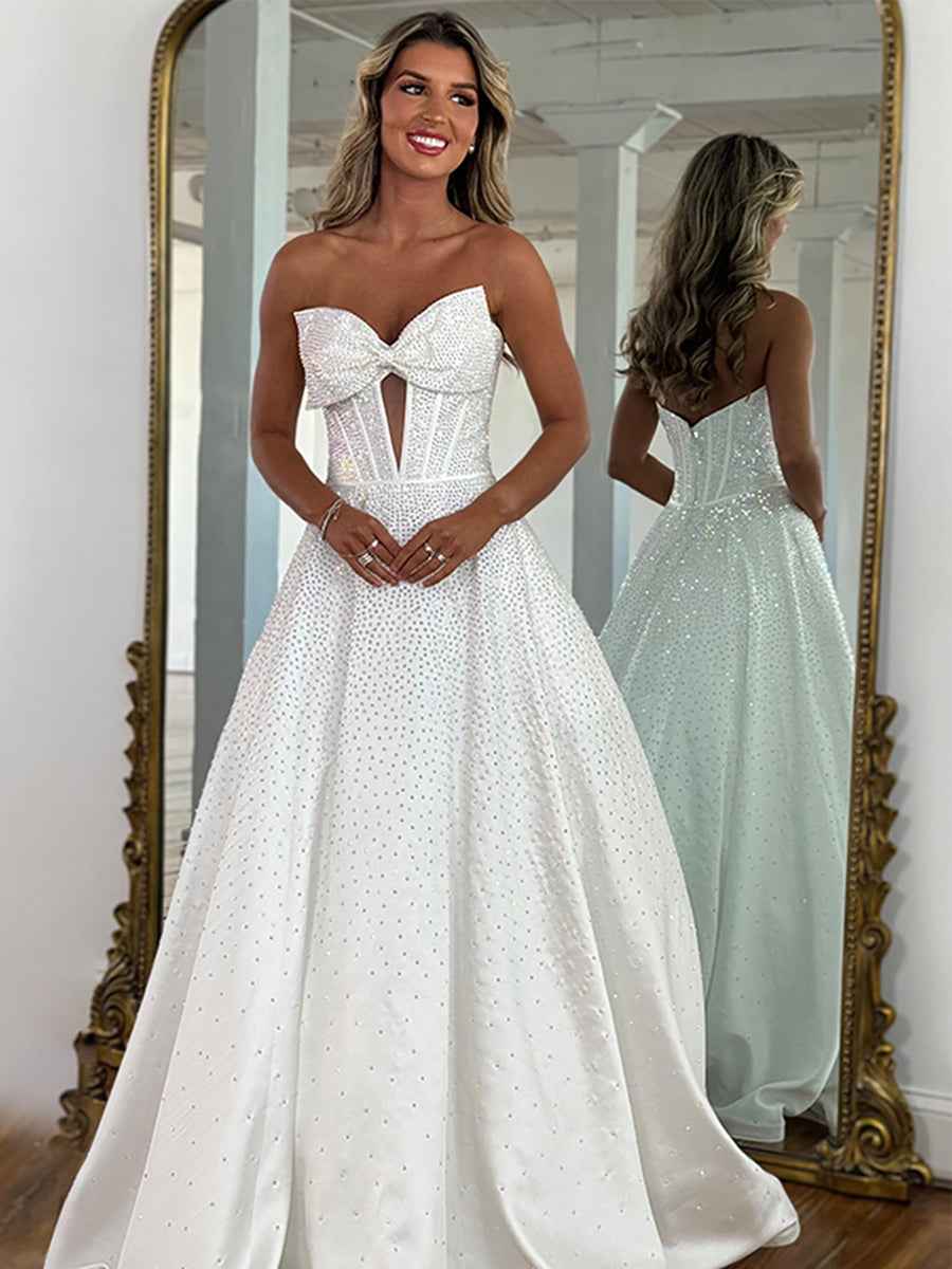 Sparkly Beaded Strapless Sweetheart Long Corset Prom Dress with Bow