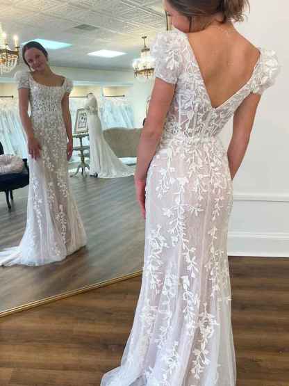 Square Neck Puff Sleeves Appliques Tulle Long Prom Dress