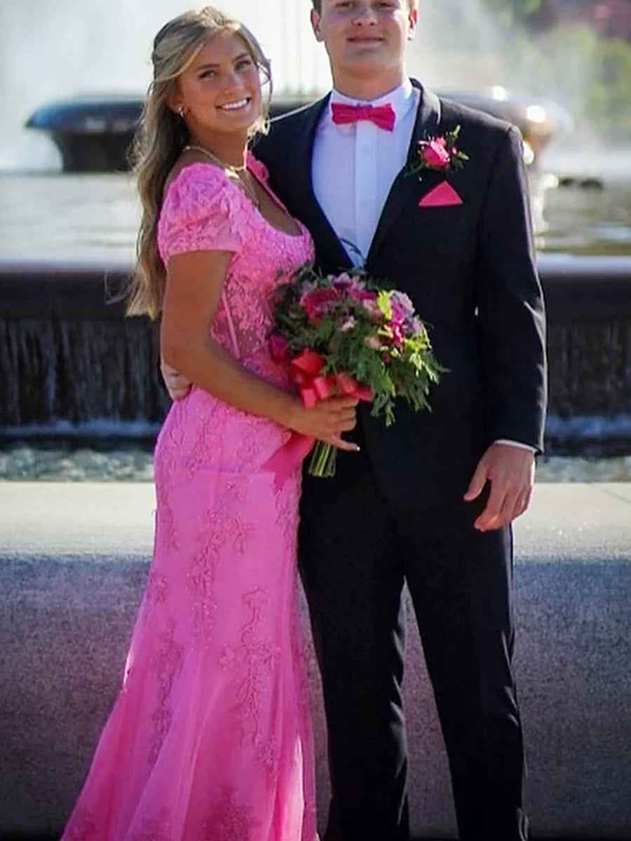 Square Neck Puff Sleeves Appliques Tulle Long Prom Dress