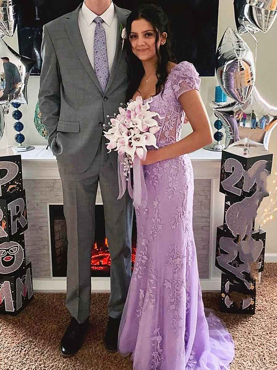 Square Neck Puff Sleeves Appliques Tulle Long Prom Dress