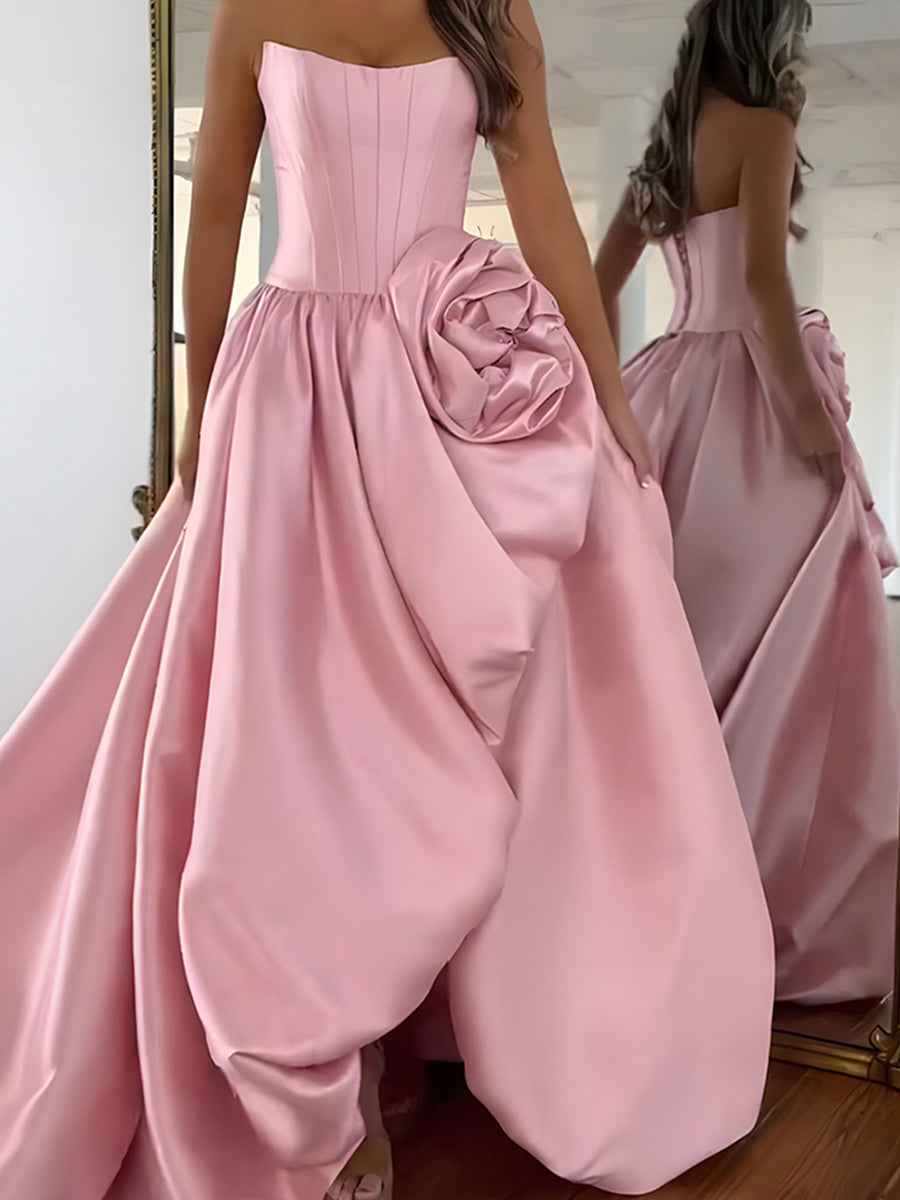 Strapless 3D Flower Prom Dresses for Women High Slit Satin Formal Dress