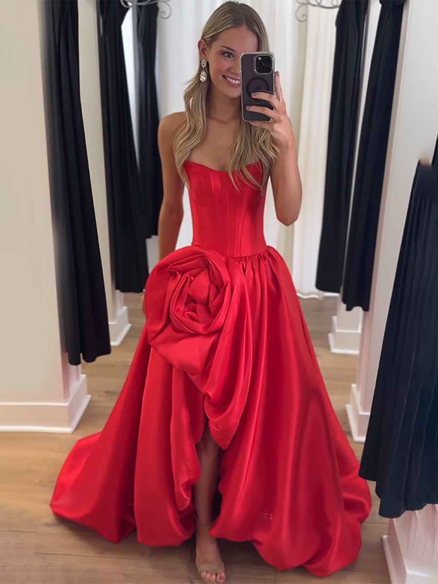 Strapless 3D Flower Prom Dresses for Women High Slit Satin Formal Dress